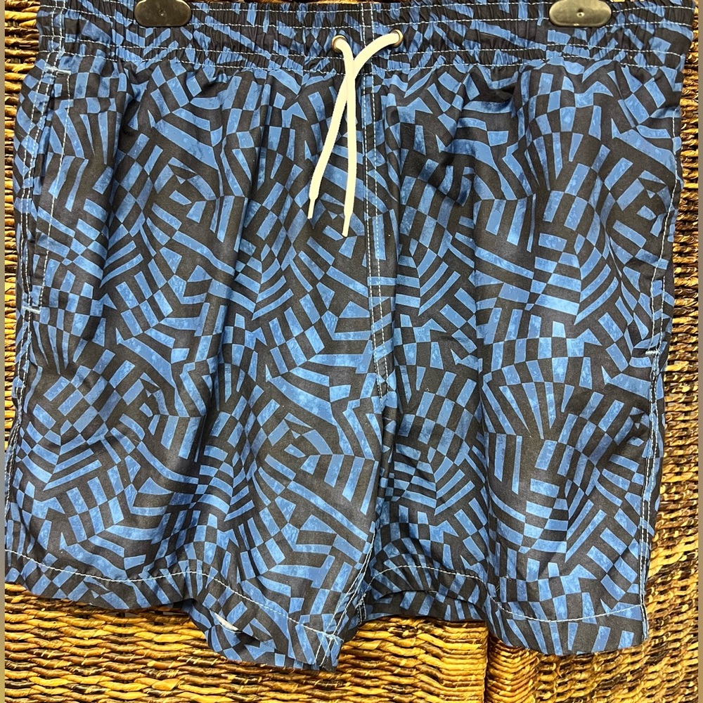 Trunks- Men's Blue Geometric Swim Shorts, Size: Large